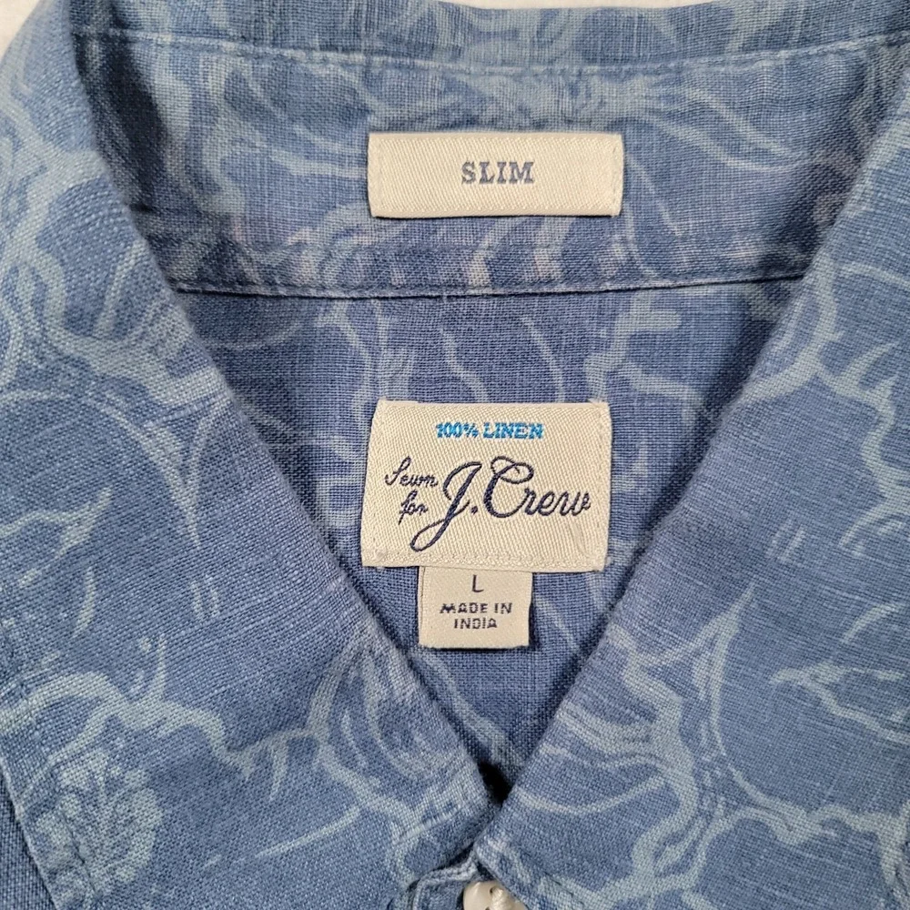 J Crew Slim Linen Shirt‎ Mens L Blue Hibiscus Tropical Floral Summer Coastal